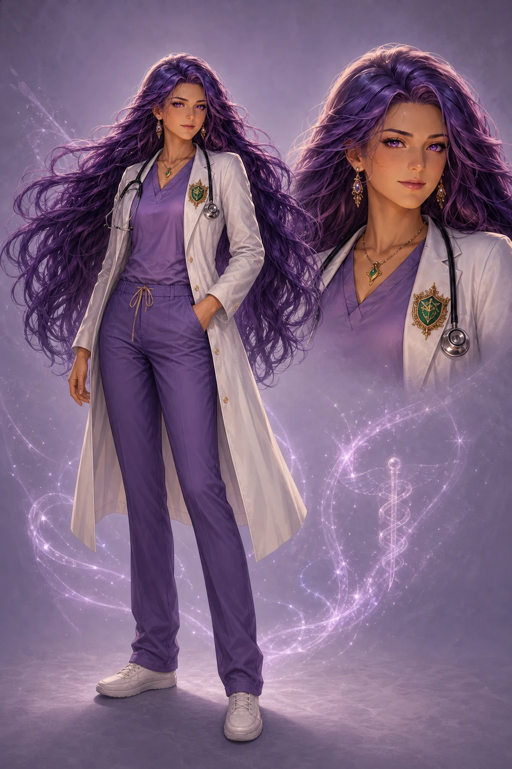 Original character artwork of Dr. Noteworthy with purple hair, purple scrubs, a white coat, and a stethoscope