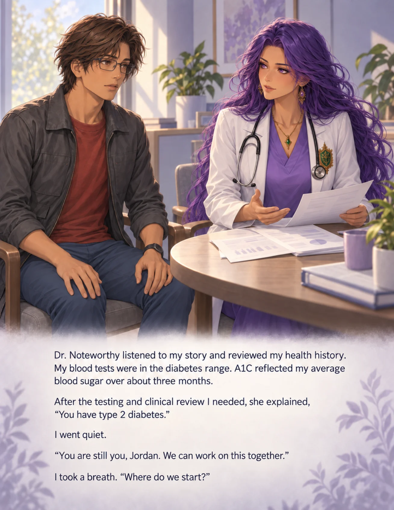 Jordan speaking with Dr. Noteworthy in an illustrated clinic scene from The Sugar Alchemist